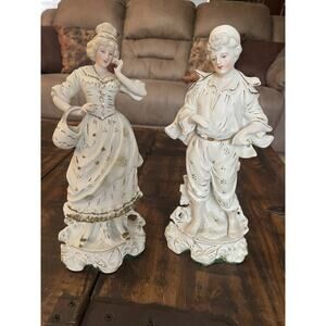 Bisque Porcelain Hand Painted & Made In Japan - Colonial Man & Woman Statue